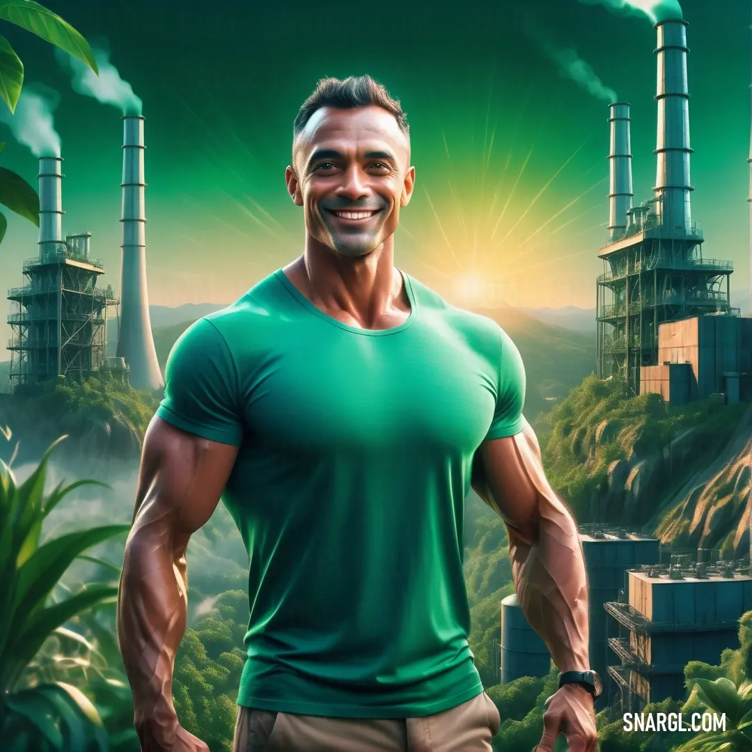 Man in a green shirt standing in front of a factory with smoke stacks and a green sky background. Color #00857A.