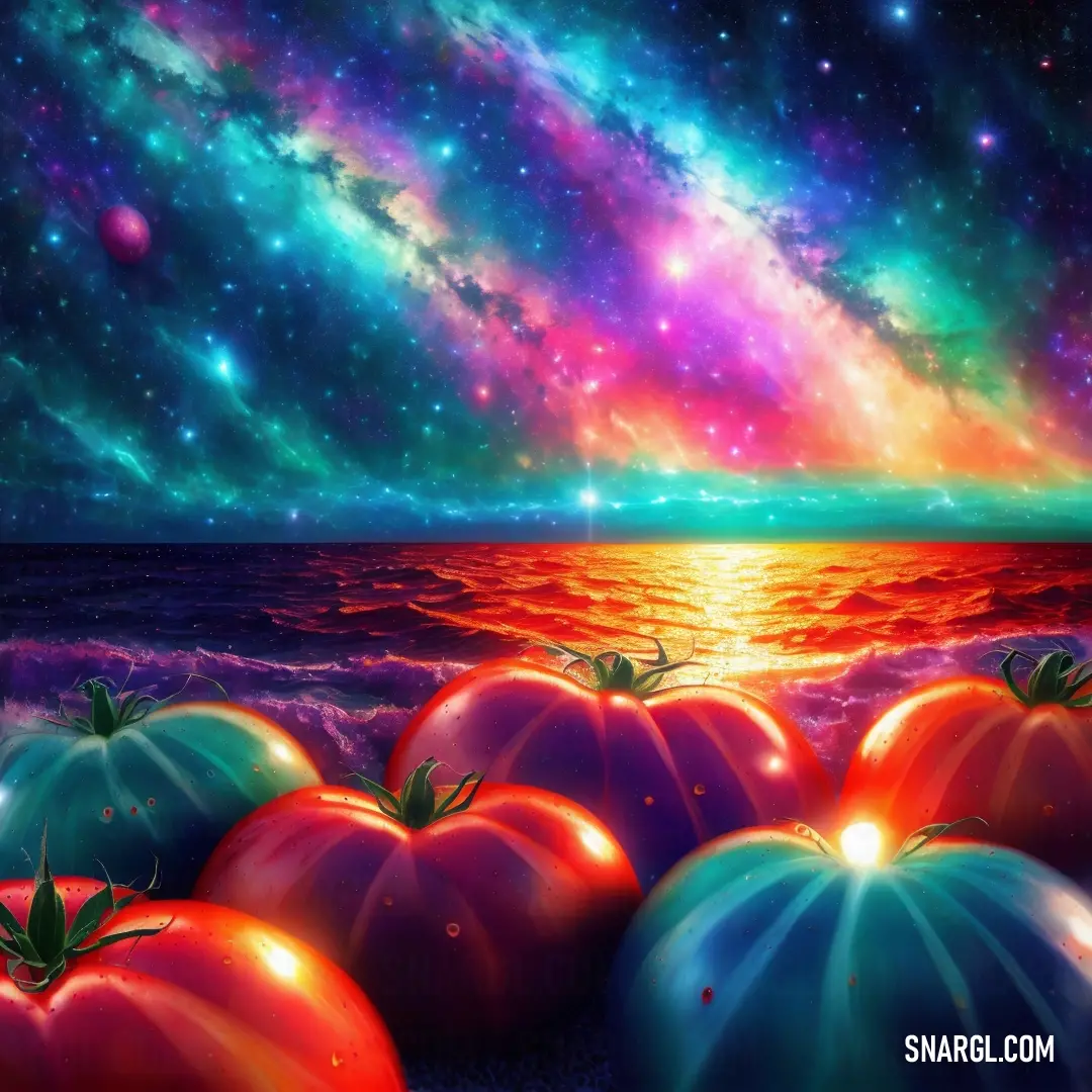 Painting of a group of tomatoes in the ocean with a colorful sky in the background. Color #00857A.