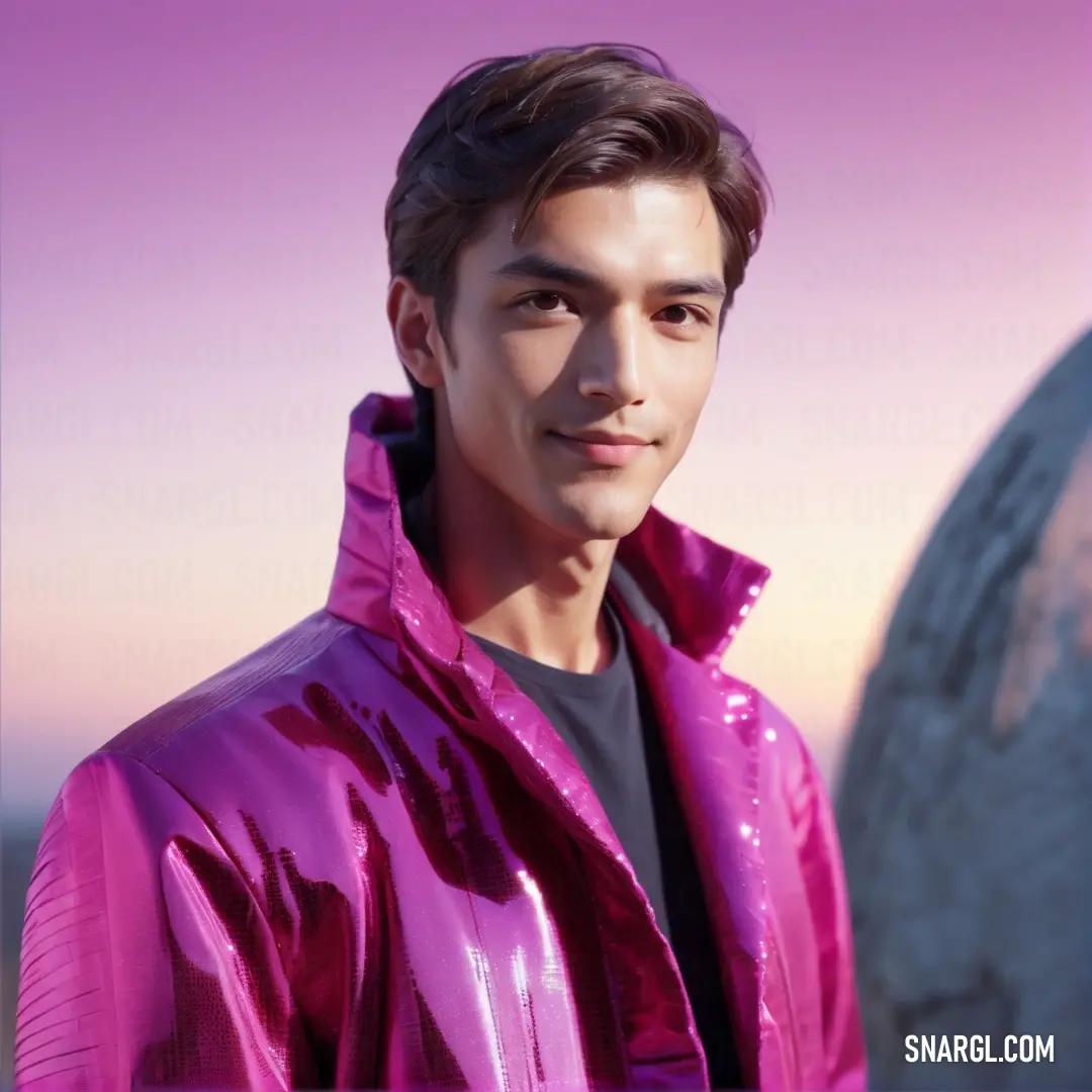 Man in a pink jacket standing next to a rock and a pink sky background. Color PANTONE 2405.