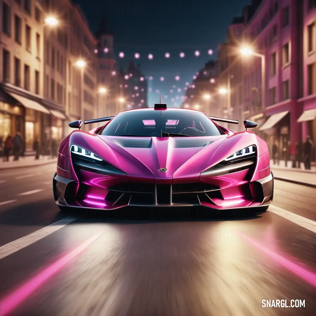 Pink sports car driving down a city street at night with lights on the buildings. Example of #A92581 color.