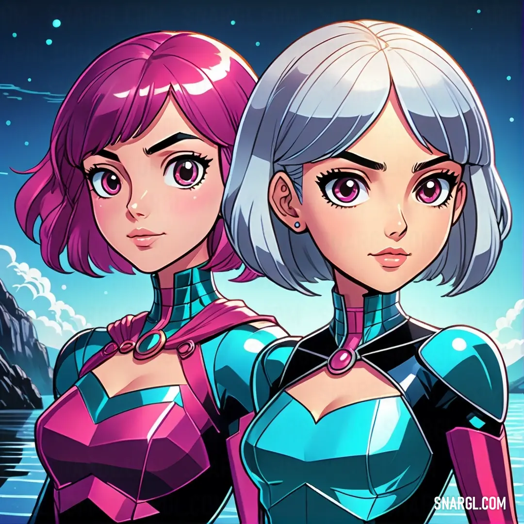 Two women in futuristic outfits standing next to each other in front of a mountain and sky with stars on it. Example of CMYK 36,100,0,0 color.