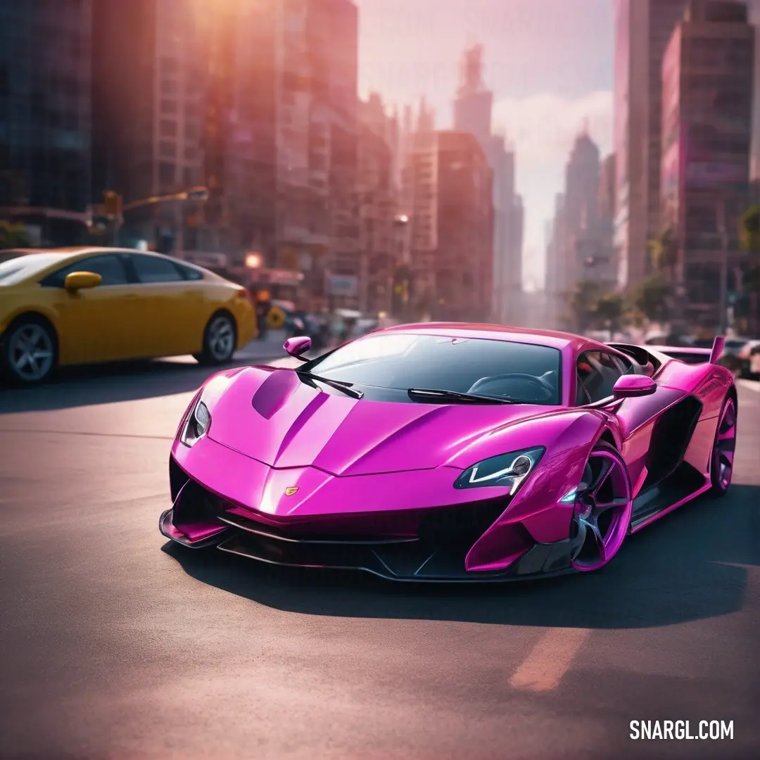 PANTONE 2405 color. Pink sports car driving down a city street with tall buildings in the background