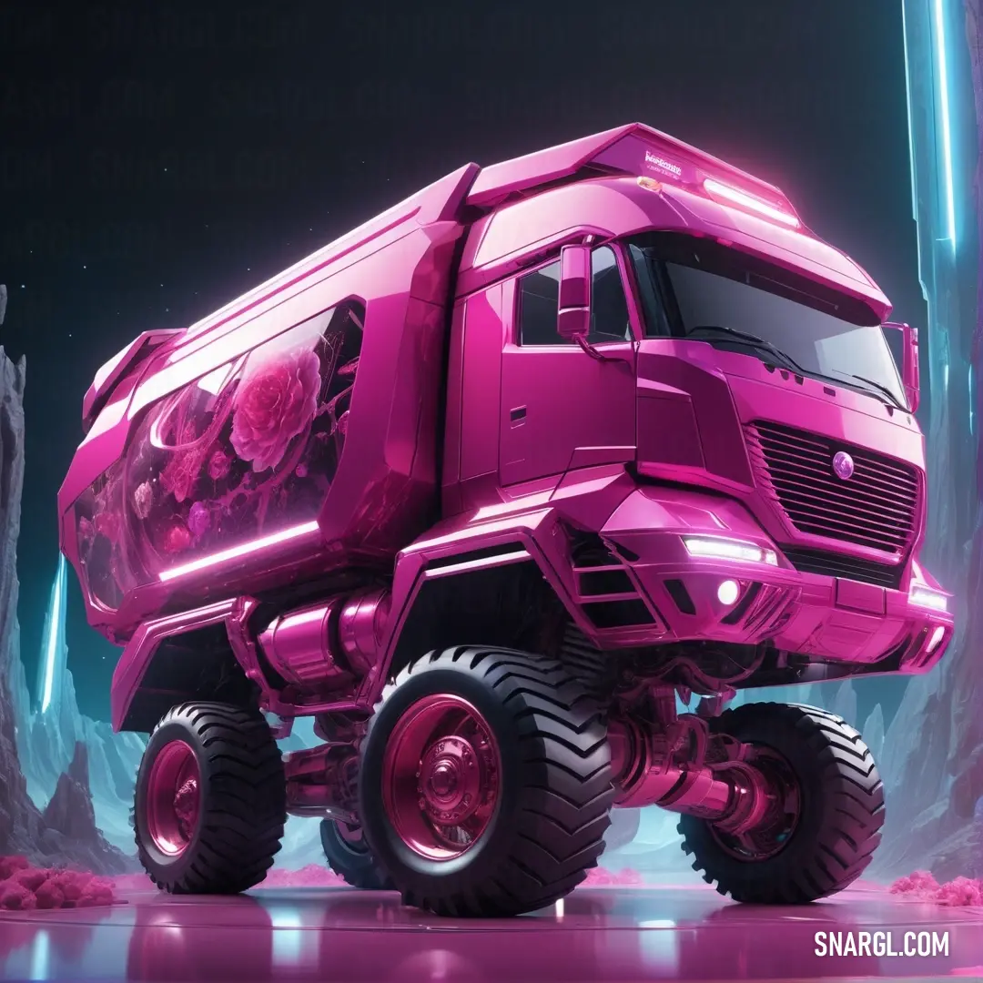 Pink truck with a skull on the front of it's tires and wheels. Color PANTONE 2405.