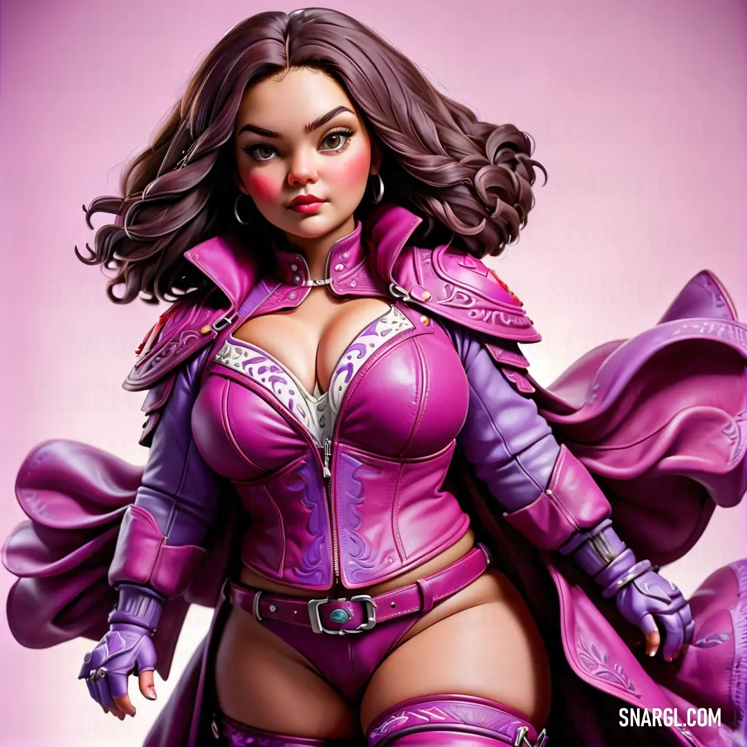 Woman in a purple outfit with a purple cape and purple boots on her chest and a purple coat over her shoulders