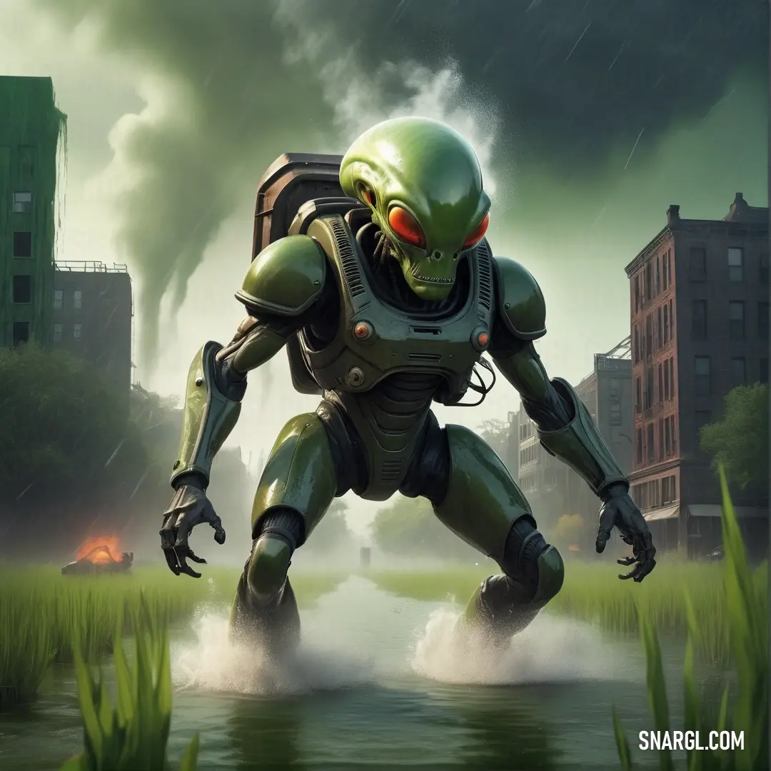 Cartoon character is in the middle of a swampy area with a building in the background. Example of PANTONE 2406 color.