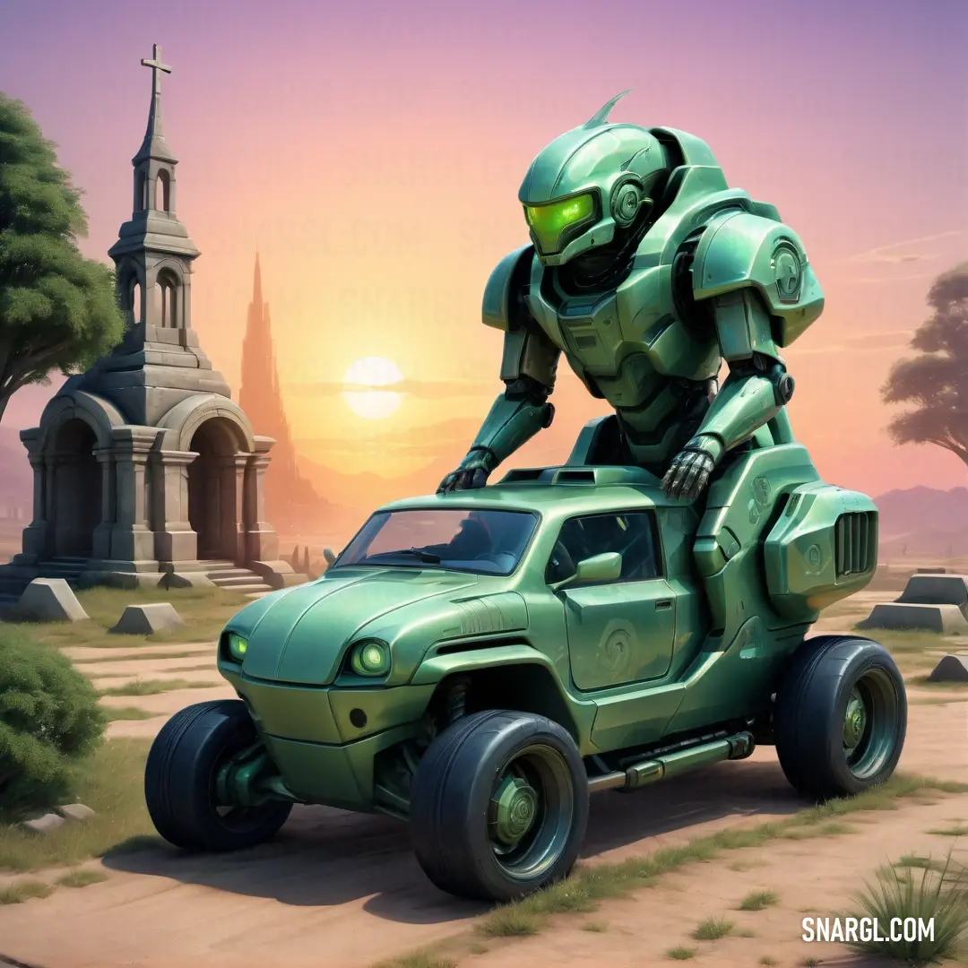Green vehicle with a giant robot on the back of it's bed in a desert area with a church in the background. Example of #89A086 color.