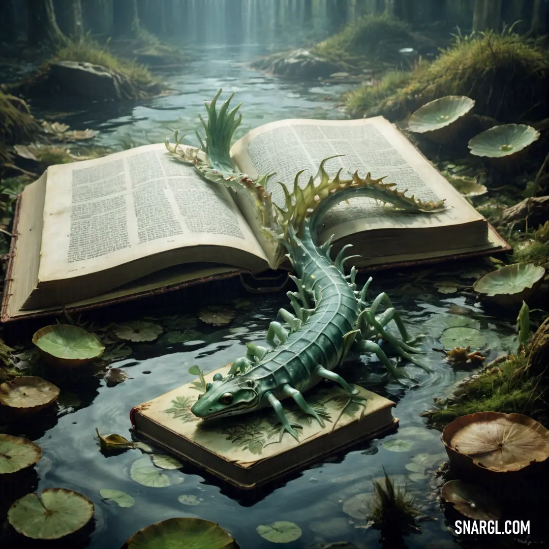 Lizard statue on top of a book in a pond of water with lily pads surrounding it and a waterfall in the background