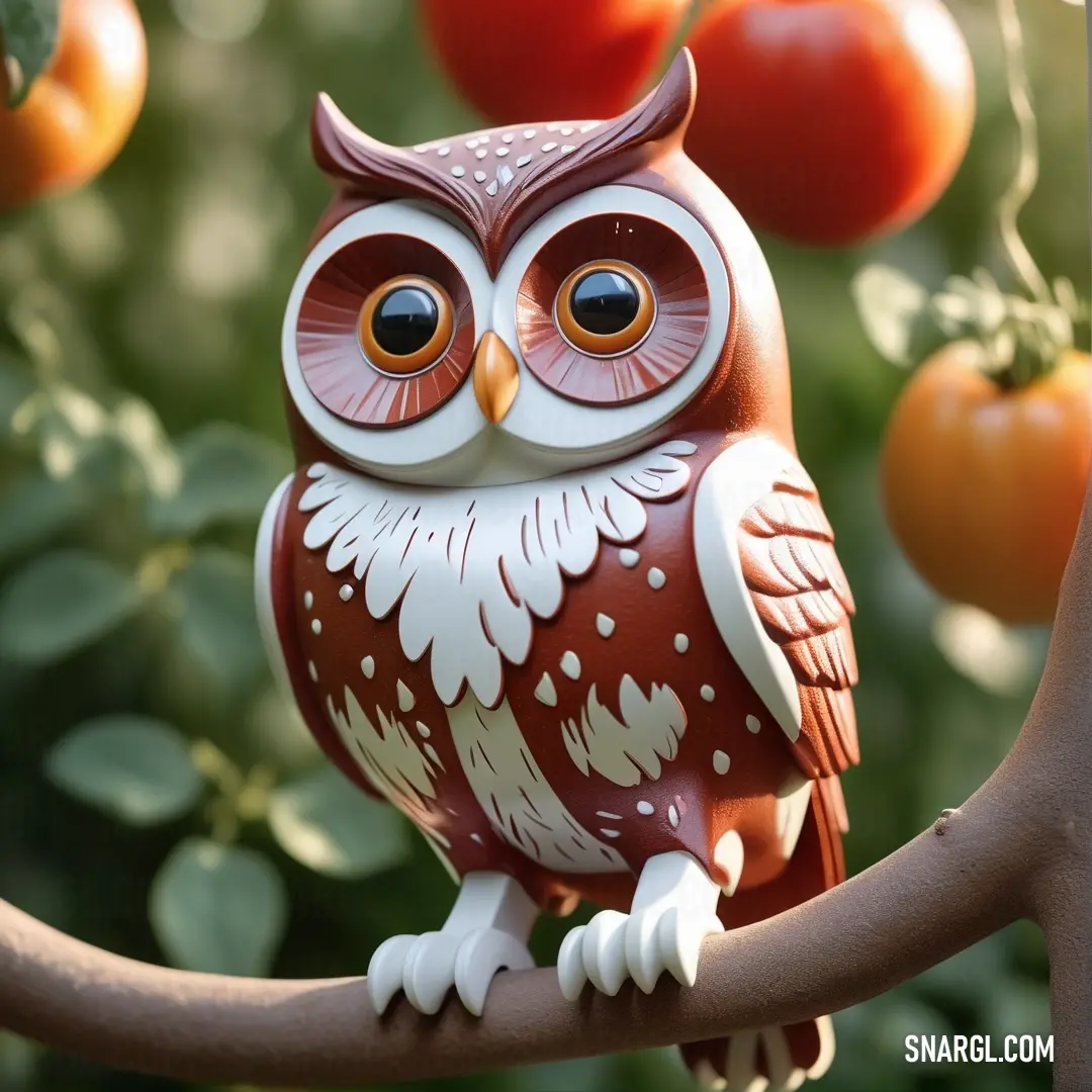 PANTONE 2407 color example: Small owl figurine on a branch with tomatoes in the background