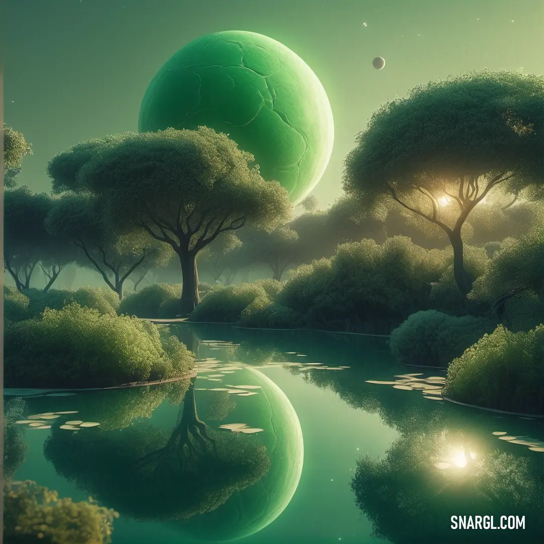 PANTONE 2408 color. Painting of a green planet floating in the air over a river with trees and a sun in the background