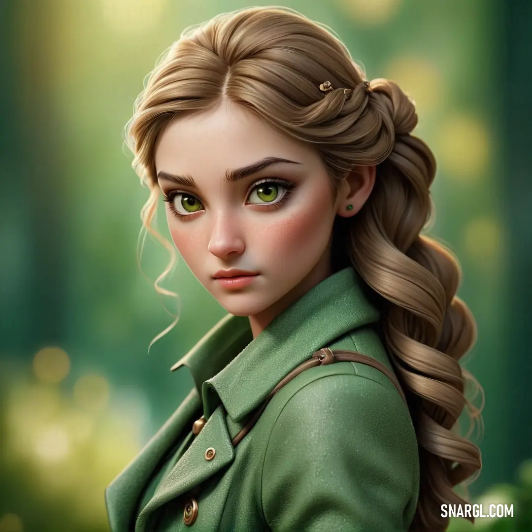 PANTONE 2408 color. Painting of a woman with long hair and green eyes wearing a green coat