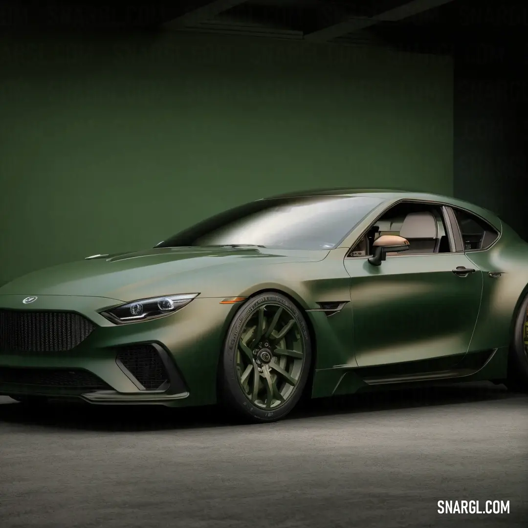 Green sports car parked in a dark room with a green wall behind it and a black floor and a black floor. Color PANTONE 2409.