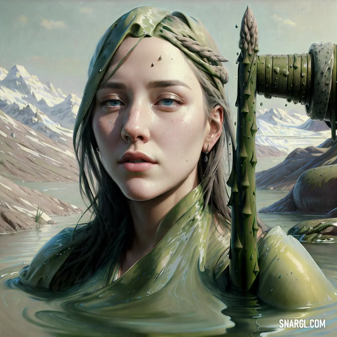 Painting of a woman in a body of water with a telescope in her hand and a mountain in the background. Example of PANTONE 2409 color.