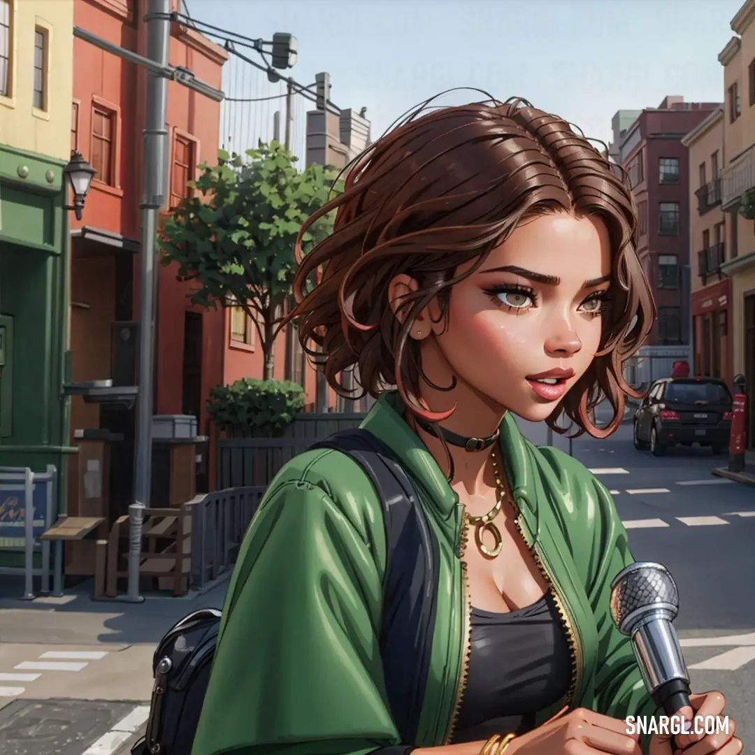 Woman holding a microphone in a city street with buildings in the background. Example of #4D6240 color.