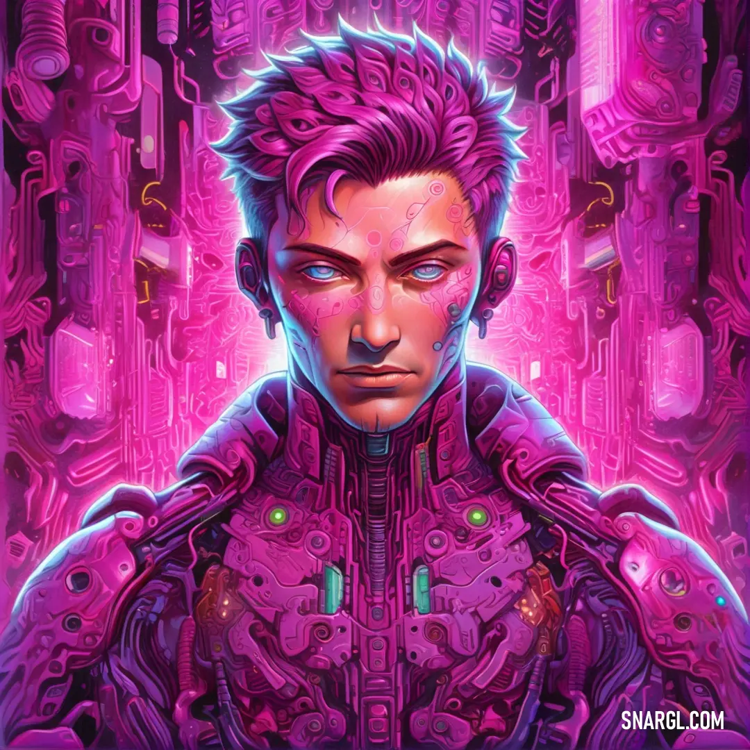 Man with purple hair and a futuristic suit in front of a purple background with a neon light on his face