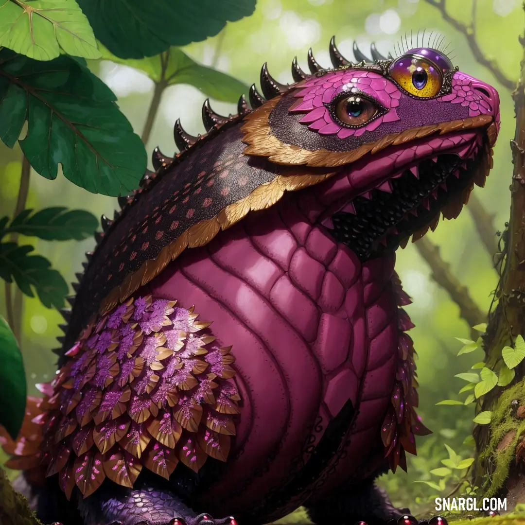 Purple and gold dragon statue in a forest setting with green leaves and branches around it's neck