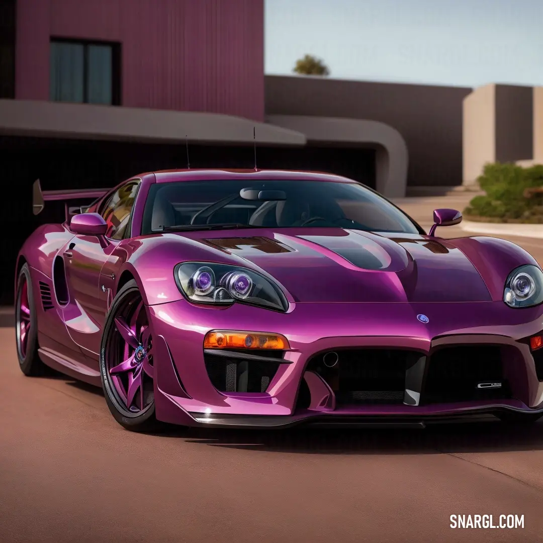 Purple sports car parked in front of a building with a pink roof