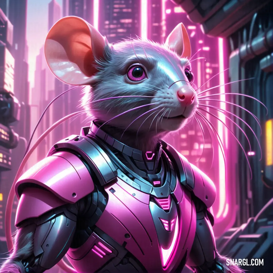 PANTONE 241 color. Rat in a futuristic suit in a city setting with neon lights