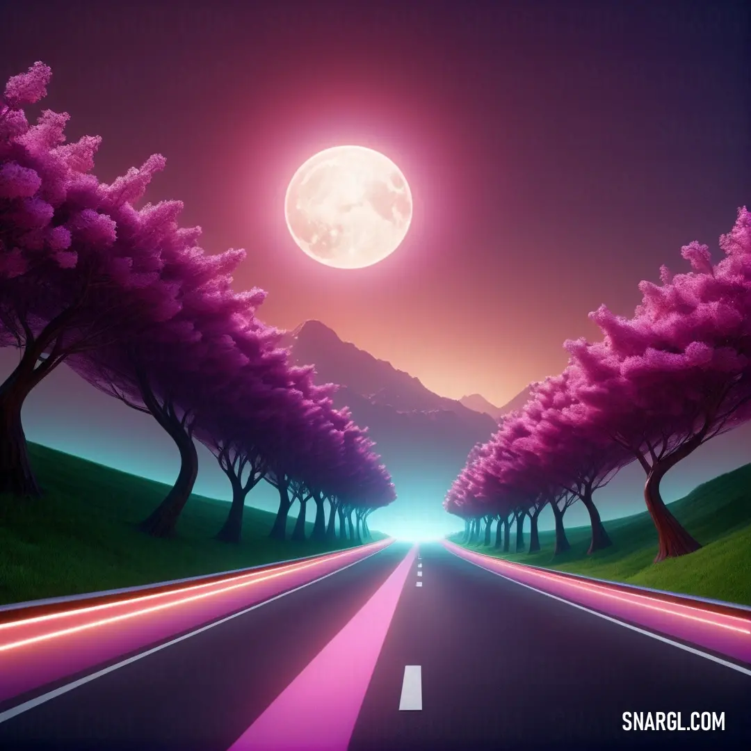 Road with trees and a full moon in the background with a pink glow on the road and a pink sky. Example of #AC2B81 color.