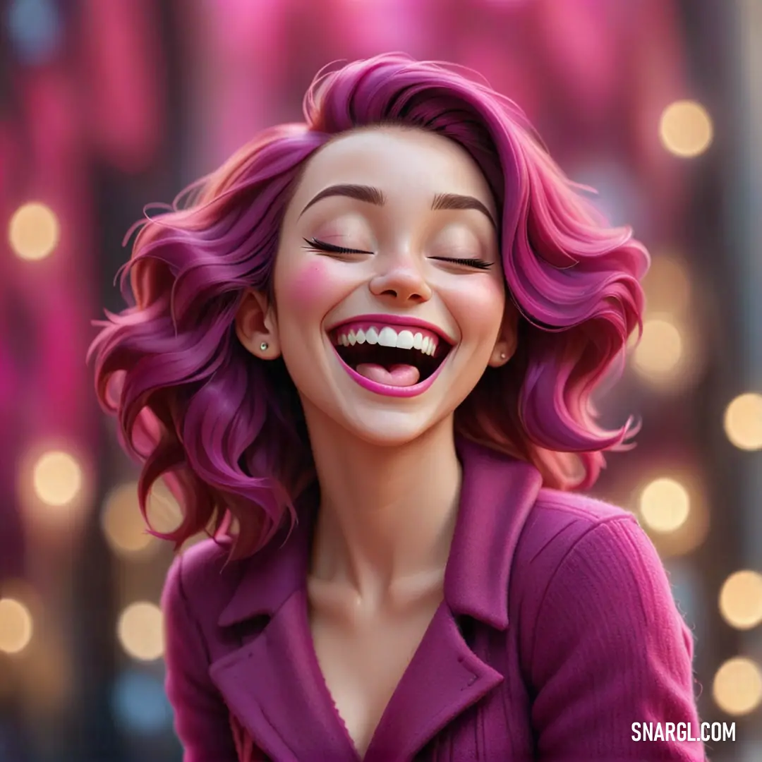 Woman with pink hair and a smile on her face and eyes closed and her eyes closed. Color RGB 172,43,129.