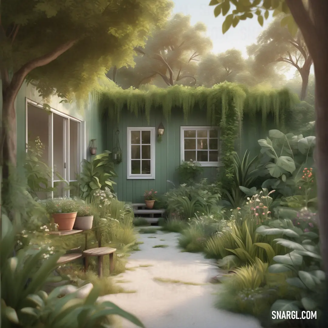 Painting of a house in a garden with a bench and trees in front of it and a path leading to the door. Example of PANTONE 2410 color.