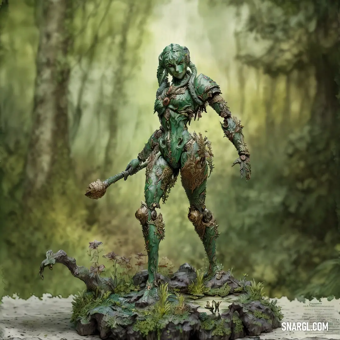 Statue of a creature in a forest with a stick in its hand and a tree in the background. Example of #425A3C color.