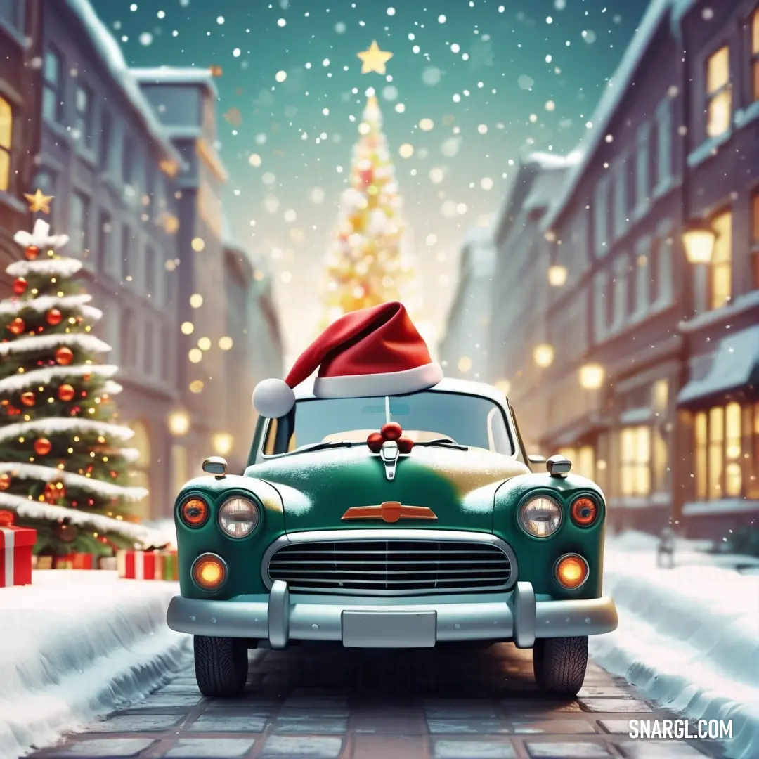 Car with a santa hat on driving down a snowy street in front of a christmas tree and a lit up christmas tree. Example of CMYK 72,2,100,76 color.