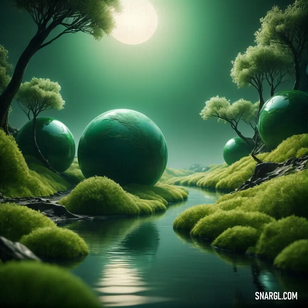 Painting of a river with green grass and trees around it and a full moon in the sky above. Example of CMYK 72,2,100,76 color.