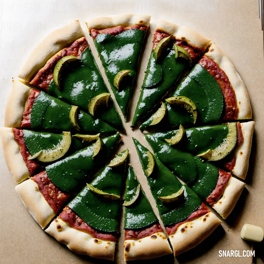PANTONE 2411 color example: Pizza with green peppers and cheese cut into slices on a table with a knife and fork next to it
