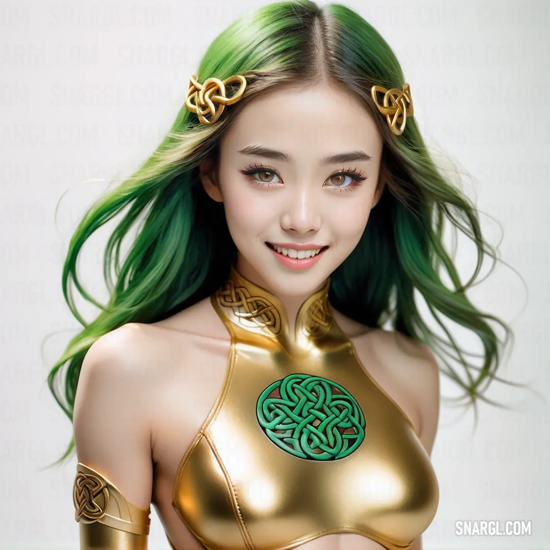 Woman with green hair and a gold outfit with celtic symbols on it's chest and chest. Example of #223D1E color.
