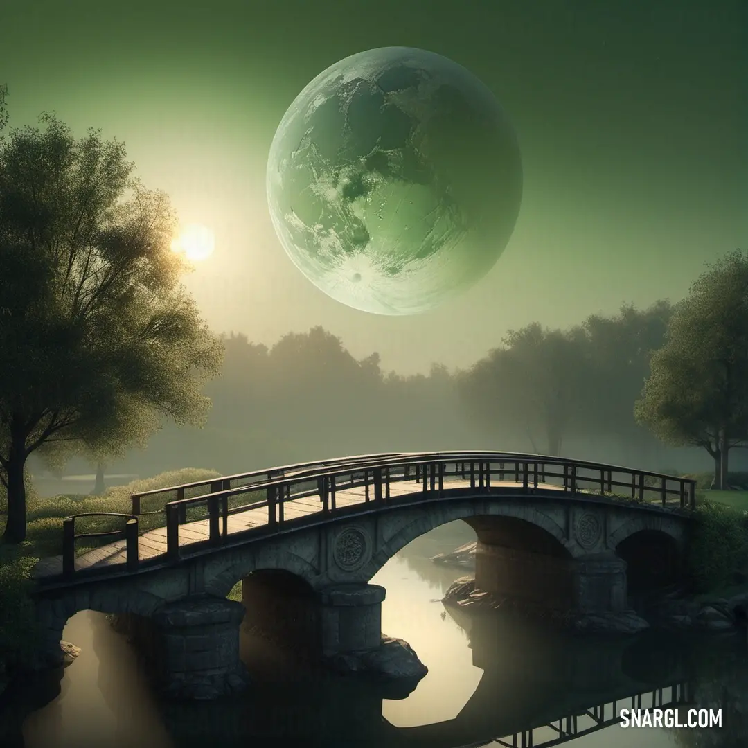 PANTONE 2412 color. Bridge with a bridge and a large green planet in the background