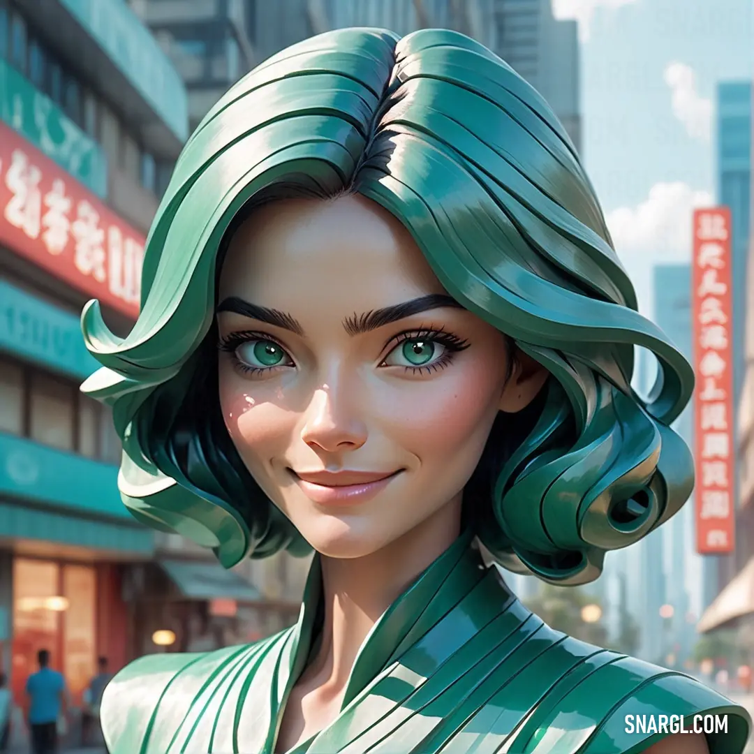 Woman with green hair and a green dress on a city street with buildings in the background. Example of PANTONE 2412 color.