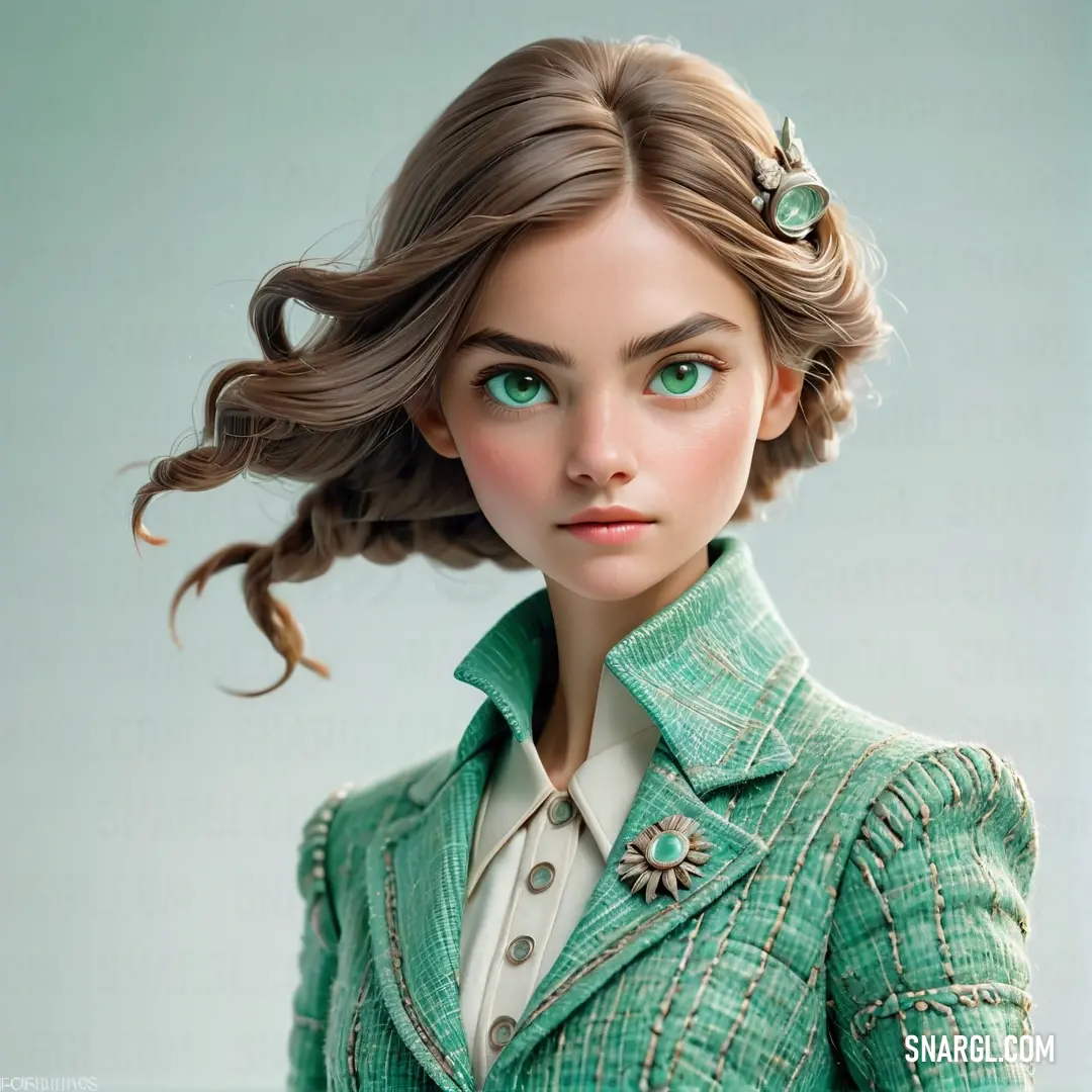 Doll with a green jacket and a flower in her hair and a green jacket with a flower in her hair. Color CMYK 67,0,53,0.