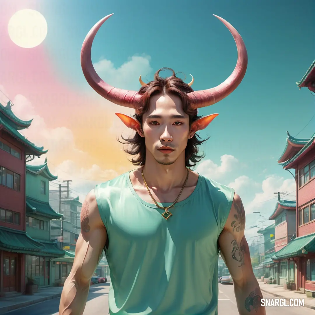 Man with horns on his head walking down a street in front of a building with a sky background. Color PANTONE 2413.