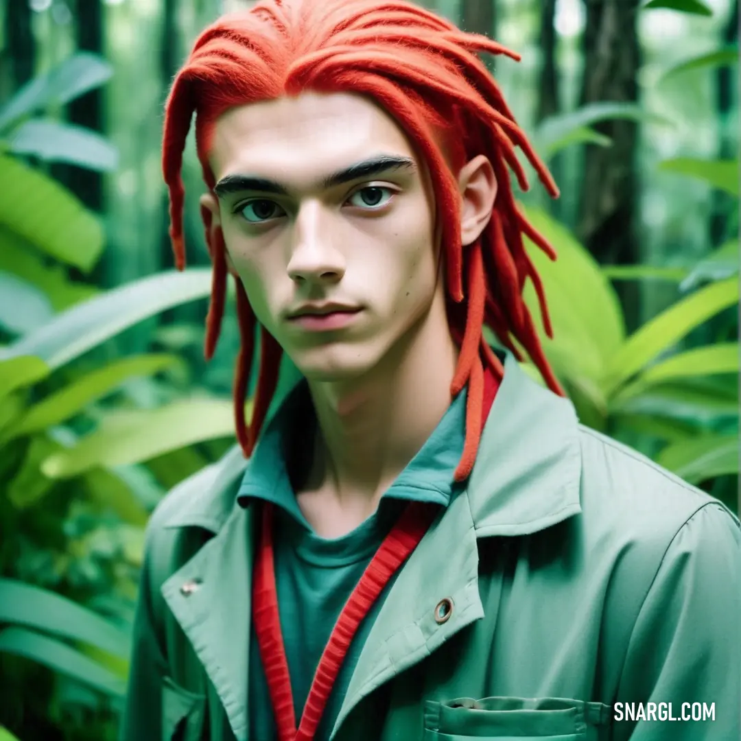 Man with red dreadlocks standing in a forest with a green shirt on and a red tie around his neck. Example of CMYK 67,0,53,0 color.