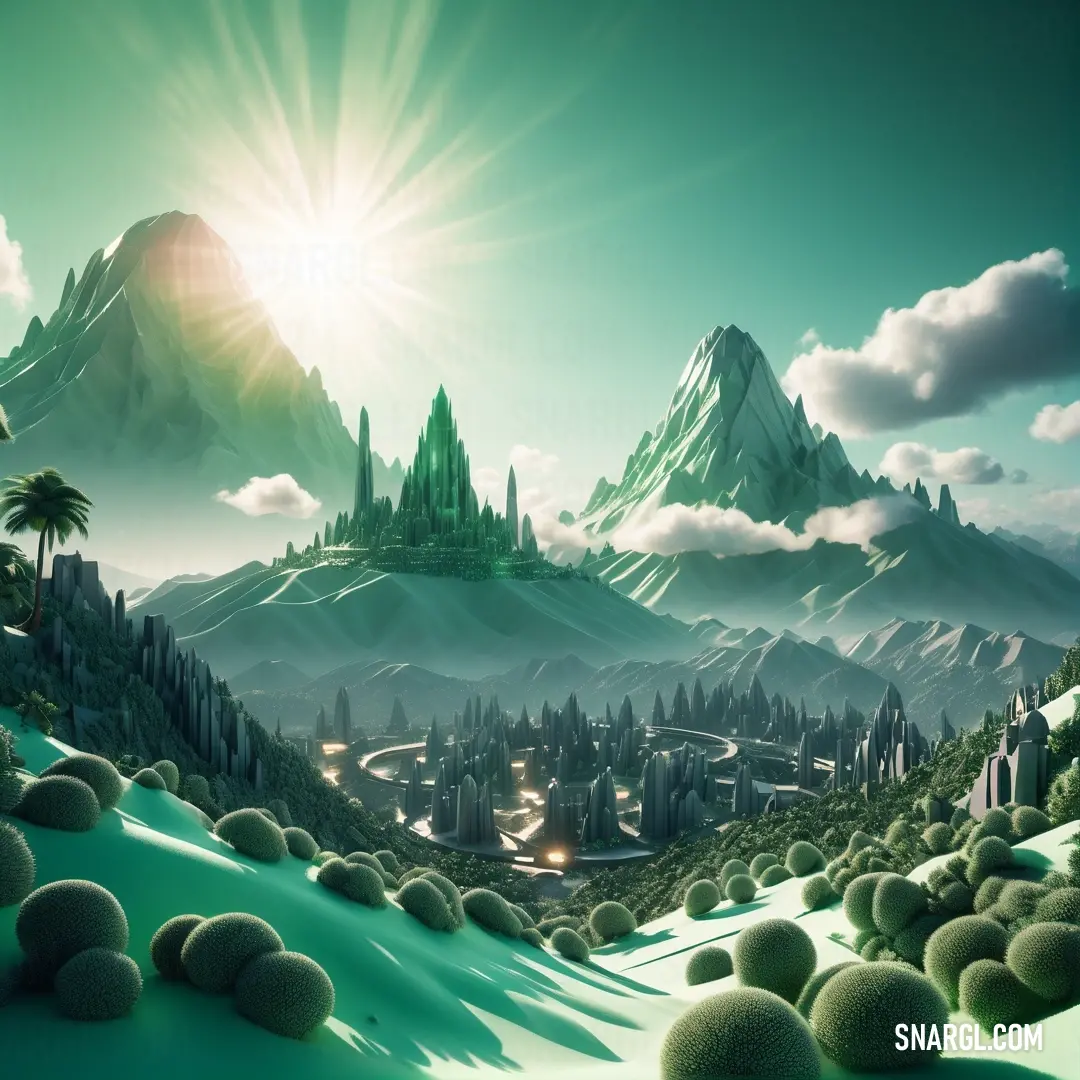 Painting of a mountain landscape with a sun shining over the mountains and a town in the distance with a green sky