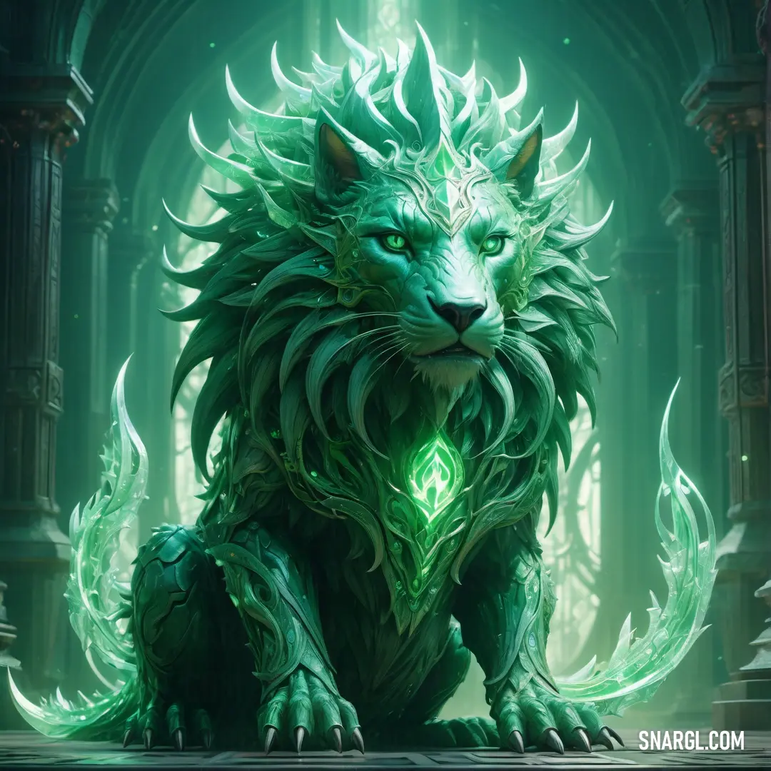 PANTONE 2414 color. Green lion on top of a floor next to a doorway with a light shining on it's face