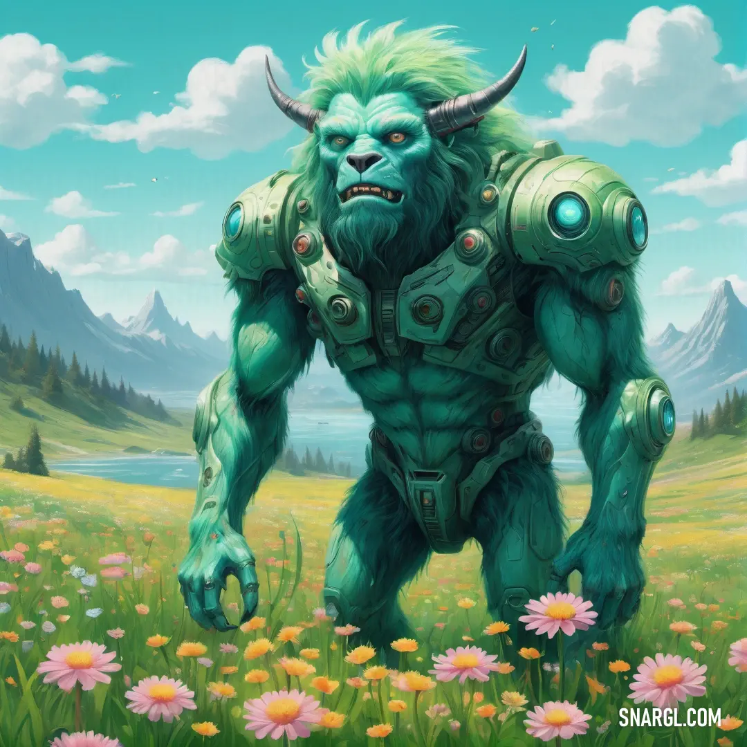Painting of a troll in a field of flowers with mountains in the background. Example of RGB 85,176,124 color.