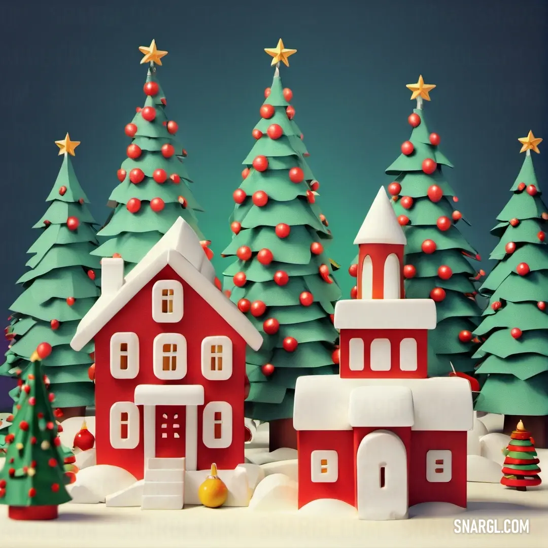 Red house surrounded by christmas trees and a snow covered ground with a star on top of it and a red house with a bell on top