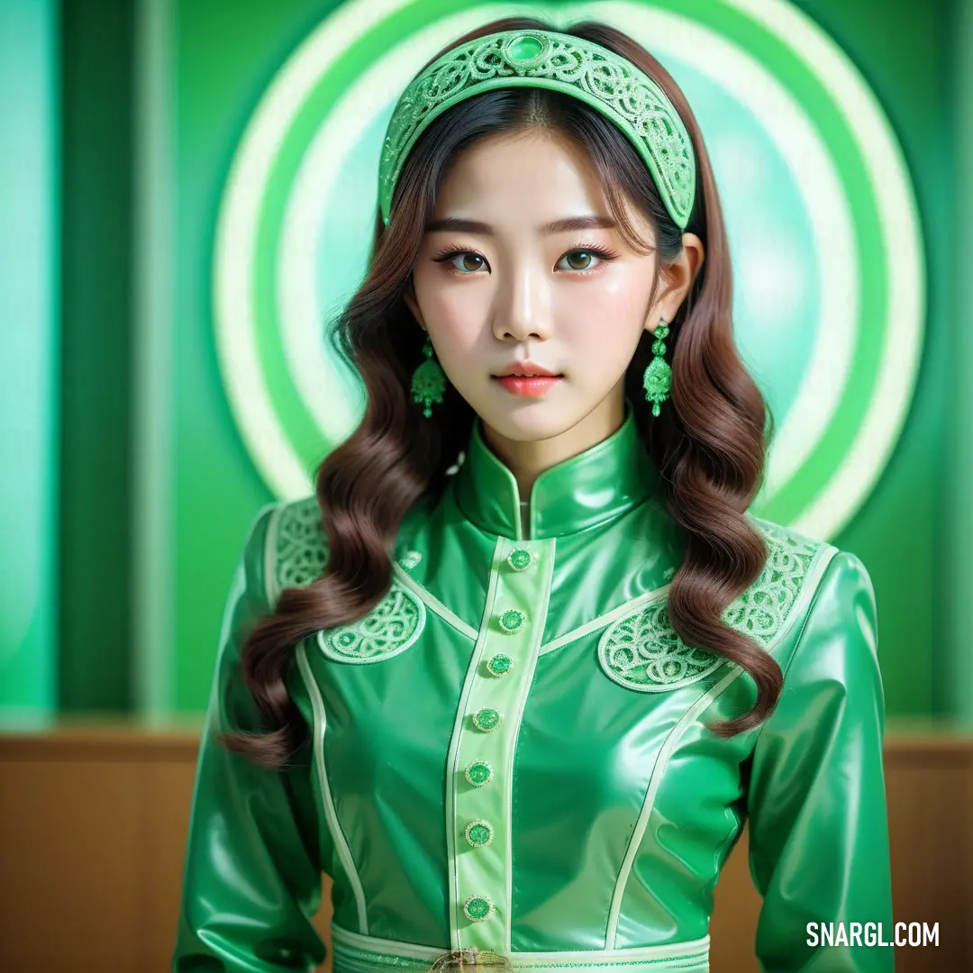 Woman in a green outfit standing in front of a green wall with a circular background. Color RGB 85,176,124.
