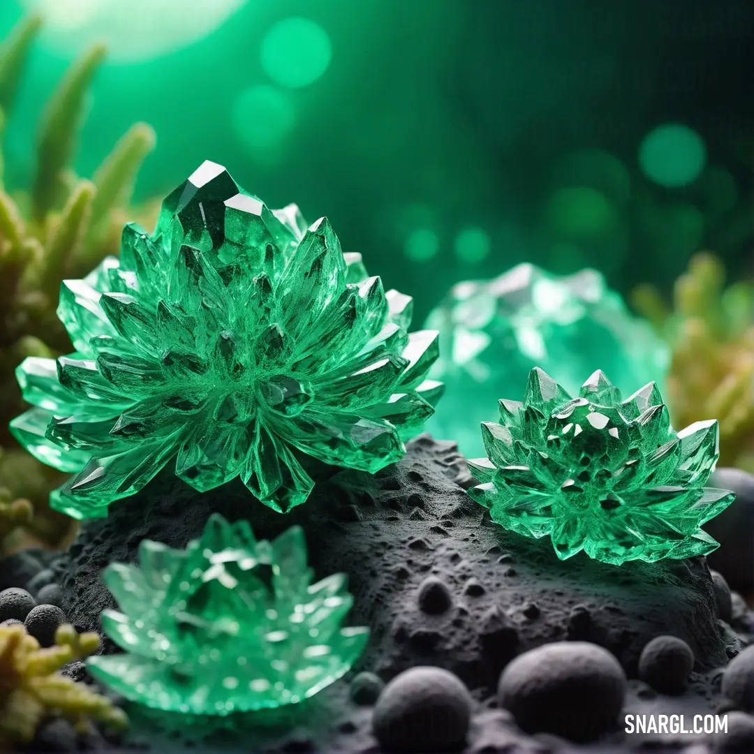 Close up of a green crystal flower on a rock with moss growing on it and a green background. Example of PANTONE 2417 color.