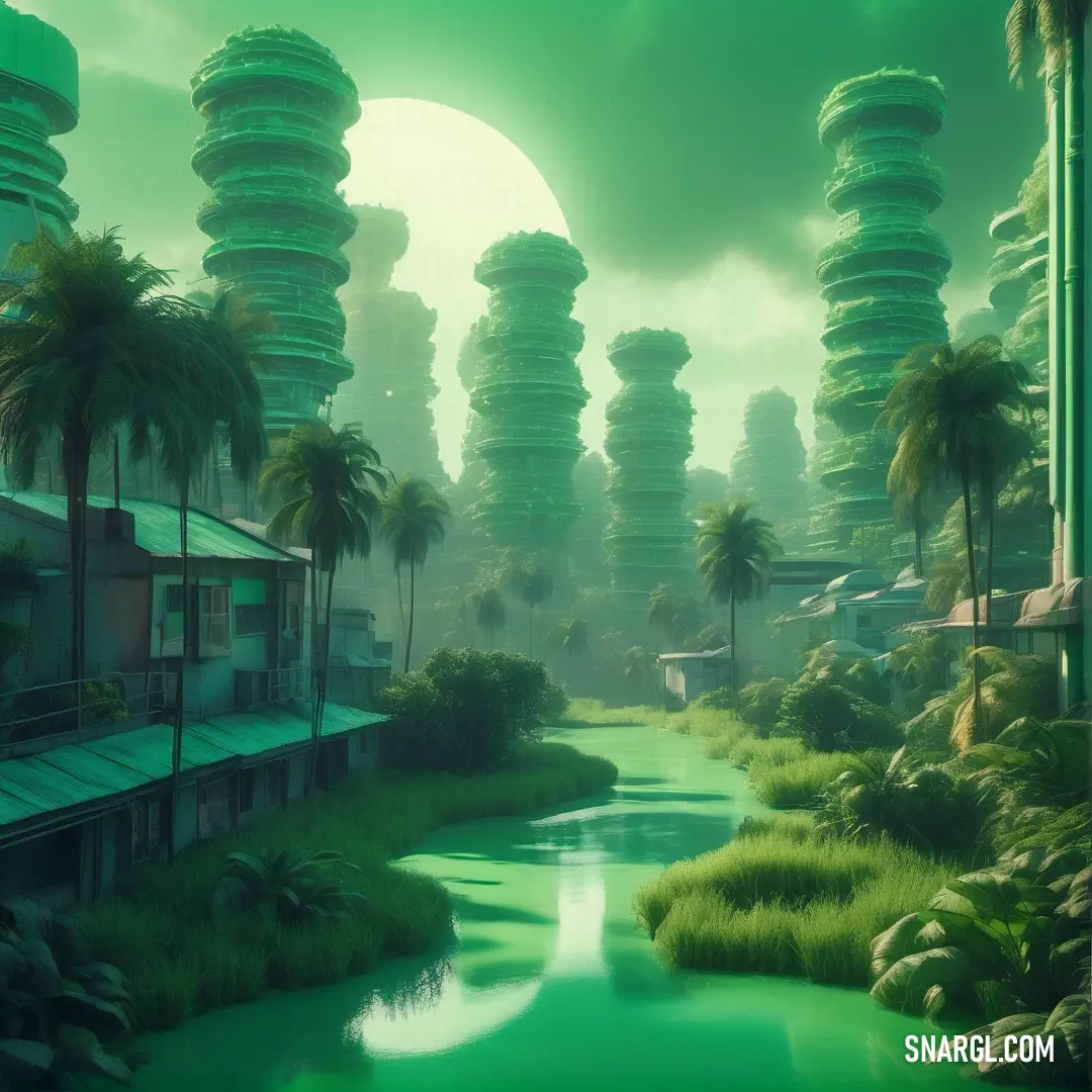PANTONE 2417 color example: Futuristic city with a river running through it and palm trees in the background