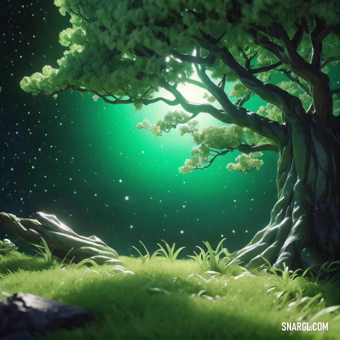 Green forest with a tree and stars in the sky above it and a rock in the foreground. Example of PANTONE 2418 color.