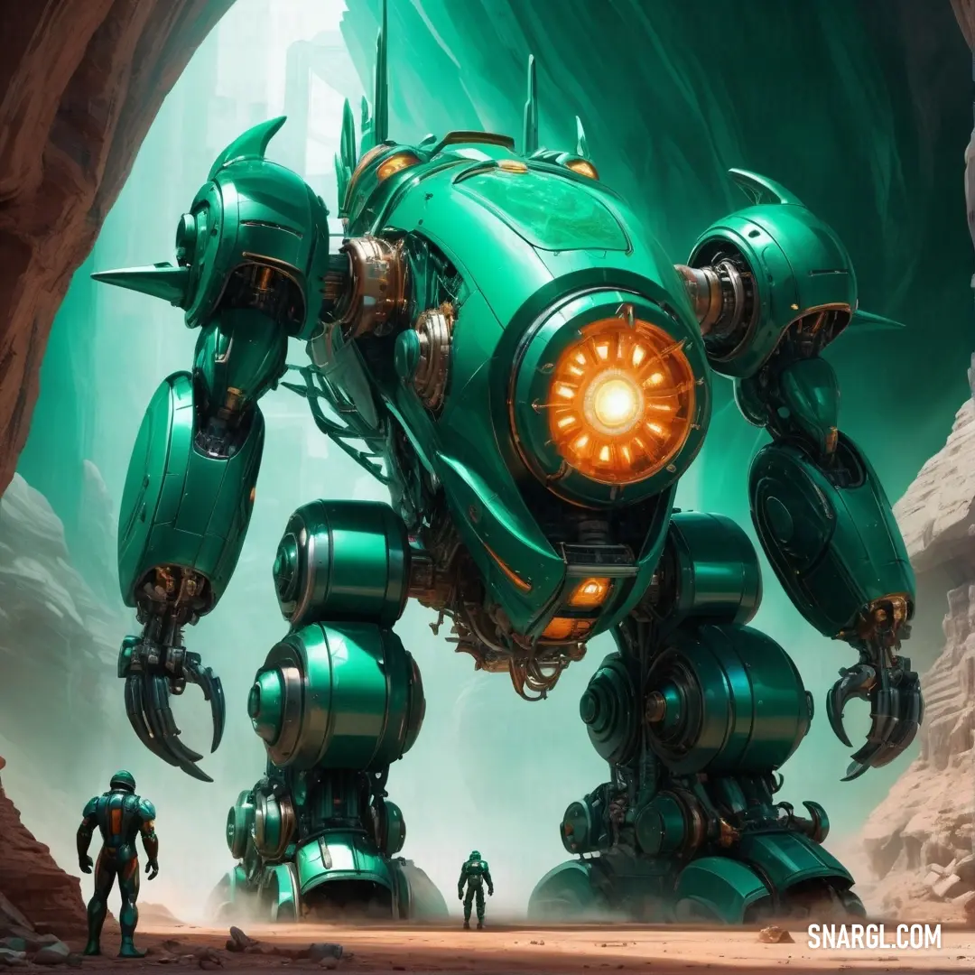 Green robot with a glowing eye in a cave with two men standing in front of it and another man standing in the background