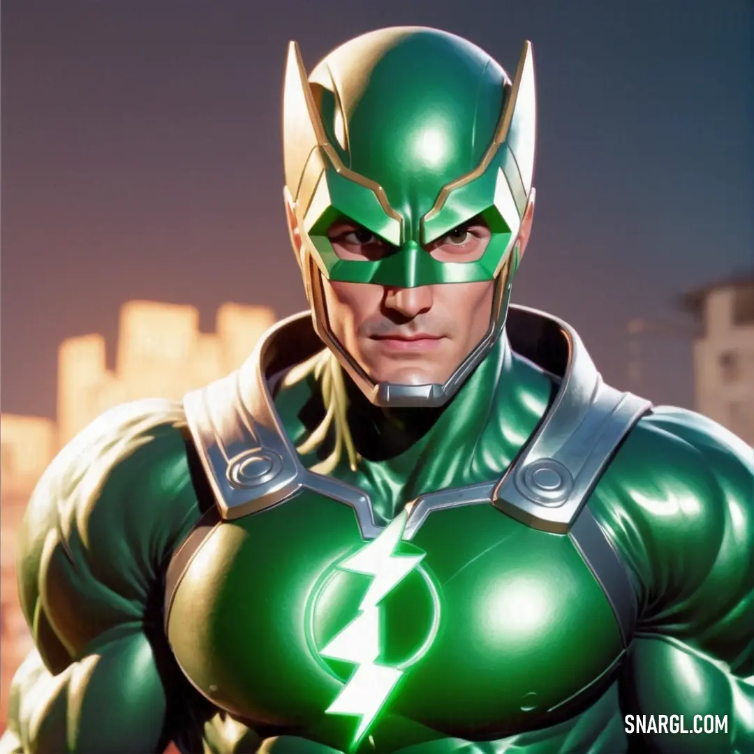 Man in green costume standing in front of a city skyline with a flash in his hand and a flash in his other hand