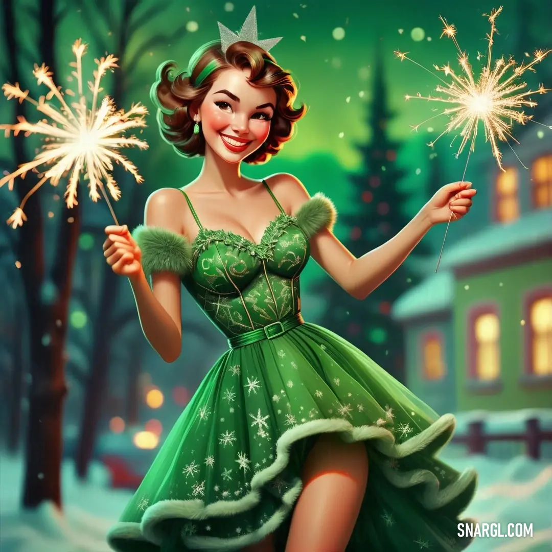 Woman in a green dress holding a sparkler in her hand and smiling at the camera with a green background. Example of CMYK 100,0,97,13 color.