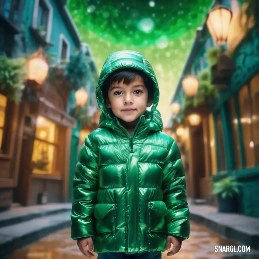 Young boy in a green jacket standing in a hallway with a green light on the ceiling and a green light on the ceiling