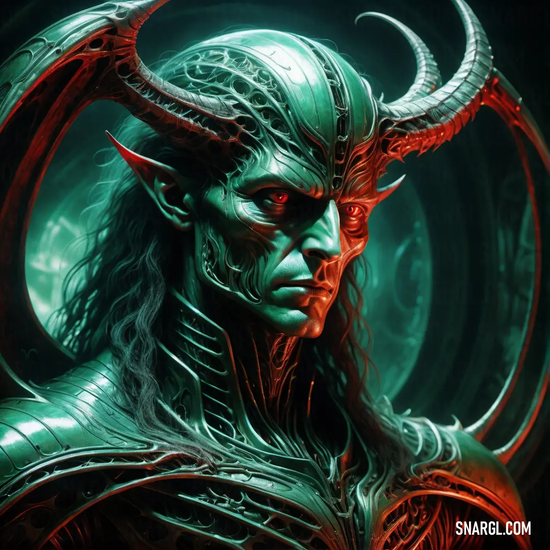 Demon with horns and a green face and red eyes is shown in this digital painting style image by artist mark taylor