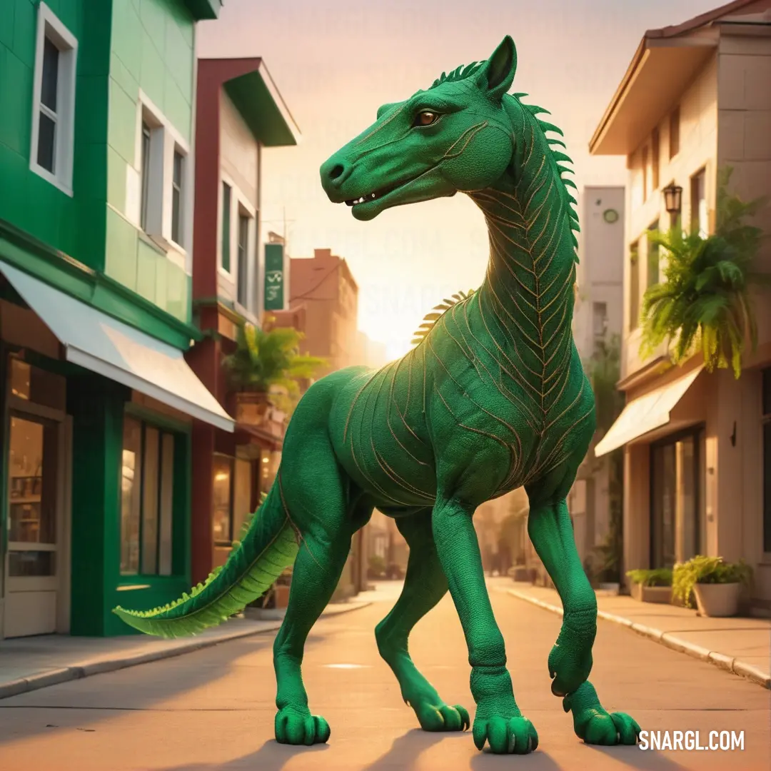 Green statue of a horse on a city street at sunset or dawn with palm trees in the background. Example of PANTONE 2419 color.