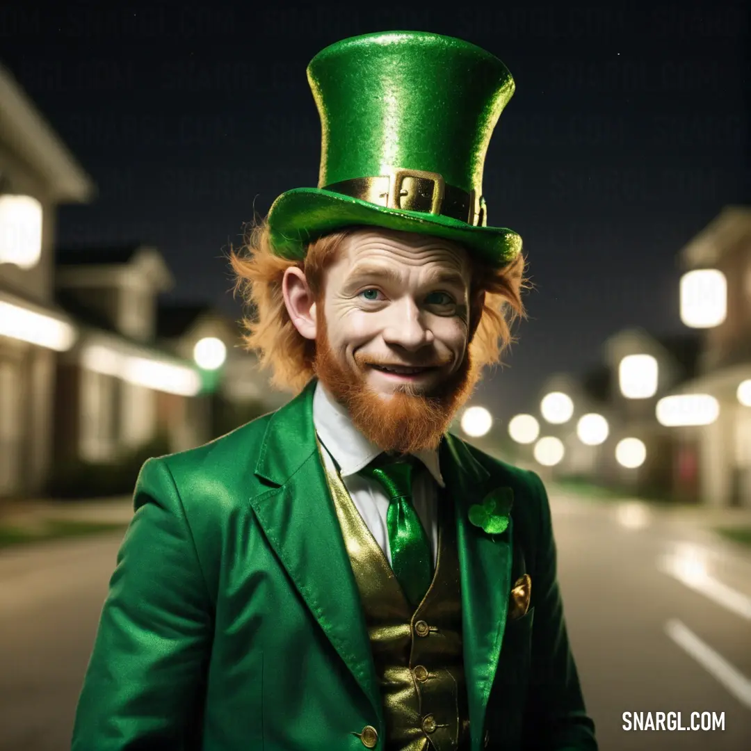 Man in a green suit and top hat with a beard and mustache on a street at night with lights. Color RGB 0,123,83.