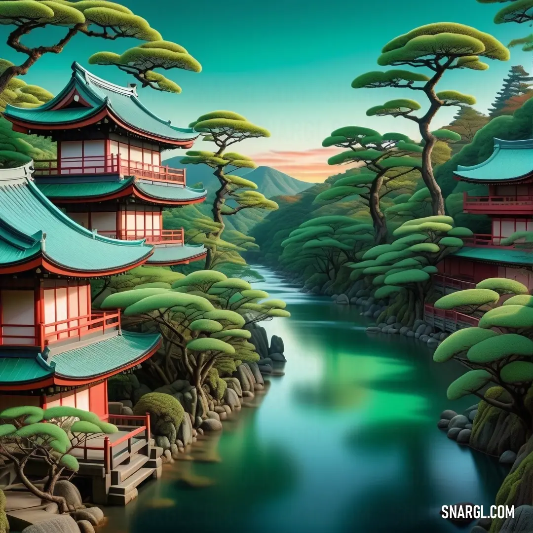 Painting of a japanese landscape with a river and pagodas in the background. Color RGB 0,123,83.